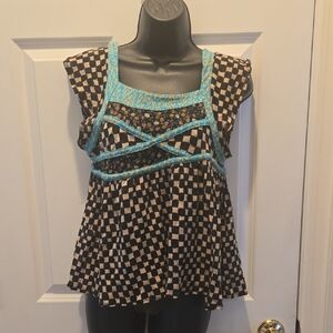 Tsumori Chisato Babydoll Top S Checkered Floral Mixed Print T-shirt J Fashion